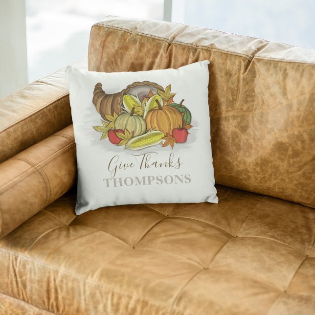 Personligen Kornucopia för thanksgiving Hösten Kudde (Give Thanks a customized watercolor cornucopia throw pillow. )