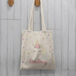 Personligen Magic Girly Unicorn & Stars Tygkasse<br><div class="desc">Tillsätt lite magi till ditt lilla flickors liv med den här vackra enmajsväskan. Med en bakgrund av färgstarka stjärnor,  en magisk enhörn med blommor från guld glitter och rosa och ditt barns namn.</div>