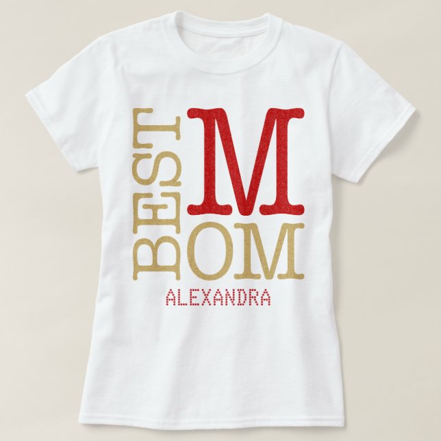 Personligen Mamma Red Guld Glitter Namn T Shirt (Design framsida)