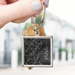Personligen Metallic Black Glitter Fyrkantig Silverfärgad Nyckelring