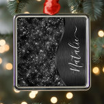 Personligen Metallic Black Glitter Julgransprydnad Metall<br><div class="desc">Anpassa enkelt detta svarta borstat metall och glamorös faux glitter med ditt eget namn.</div>