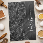 Personligen Metallic Black Glitter Kökshandduk<br><div class="desc">Anpassa enkelt den svarta borstat metall och den glamorösa faux glitter-plågade kökshandduken med ditt eget namn.</div>