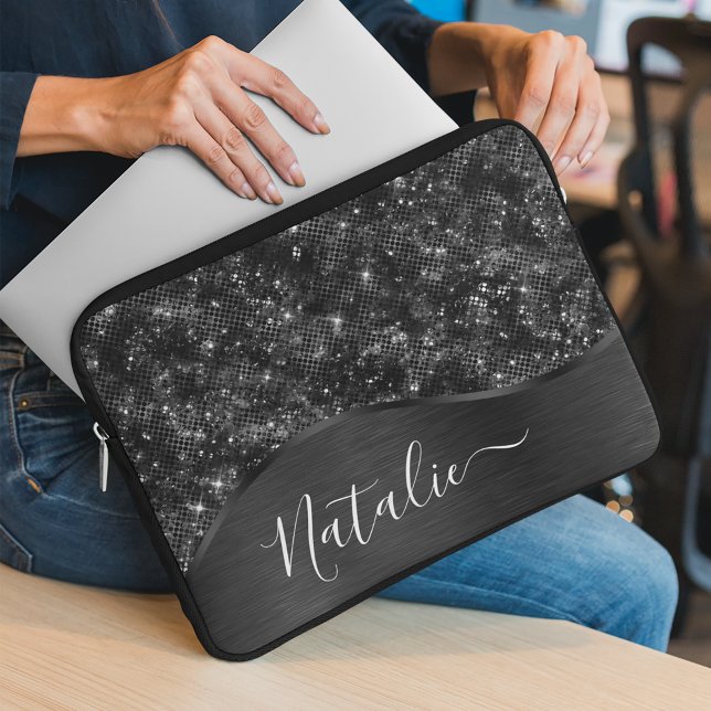 Personligen Metallic Black Glitter Laptop Fodral (Skapare uppladdad)