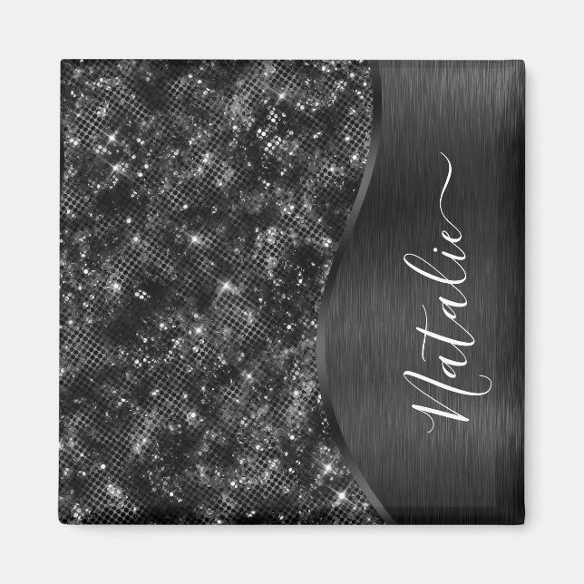 Personligen Metallic Black Glitter Magnet (Framsidan)