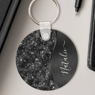 Personligen Metallic Black Glitter Nyckelring