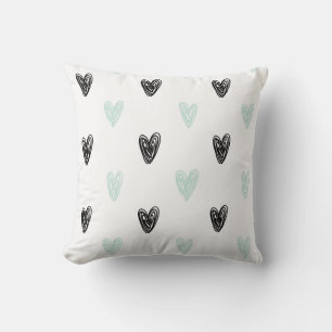Personligen Mint & Black Hearts Doodles Mönster Kudde
