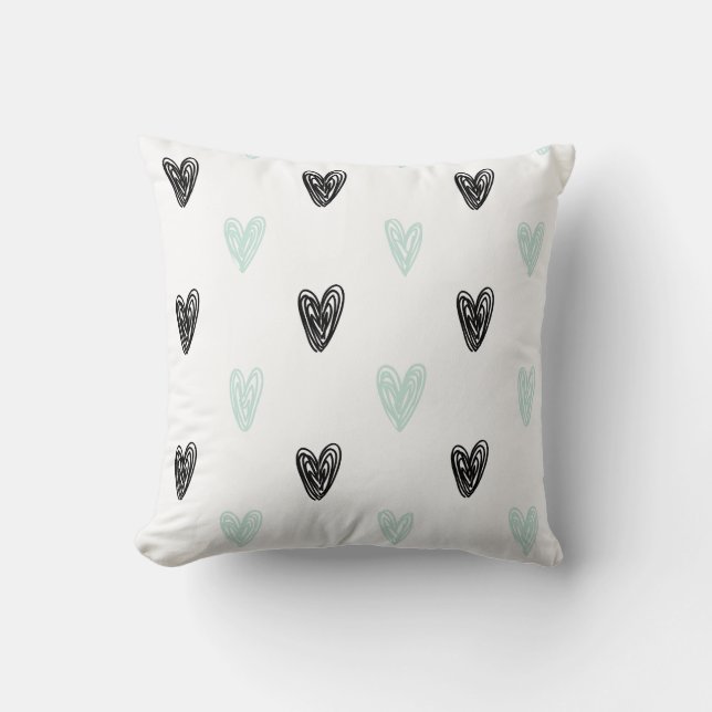Personligen Mint & Black Hearts Doodles Mönster Kudde (Framsida)