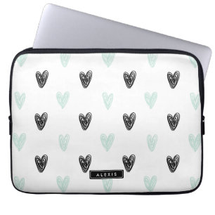 Personligen Mint & Black Hearts Doodles Mönster Laptop Fodral