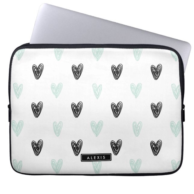 Personligen Mint & Black Hearts Doodles Mönster Laptop Fodral (Framsidan)