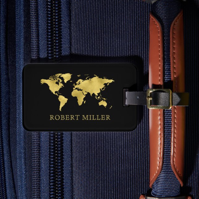 Personligen Modern Black and Guld World Map Bagagebricka (Framsida Insitu 4)