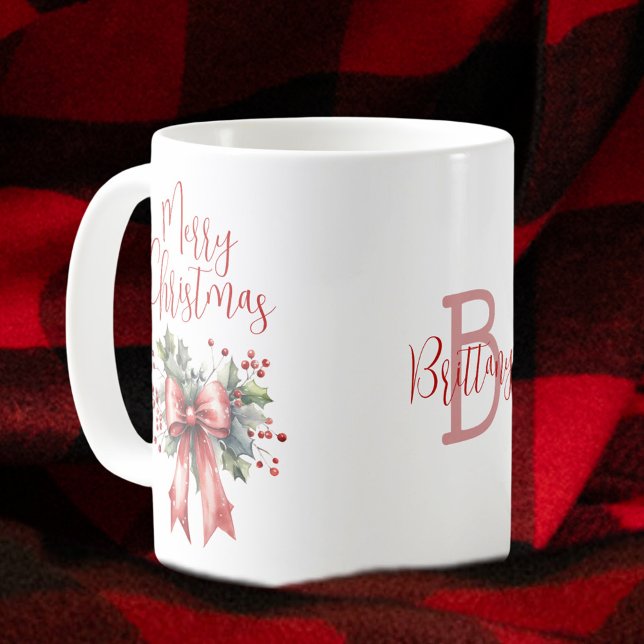 Personligen Modern God jul Script Red Bow Kaffemugg (Skapare uppladdad)