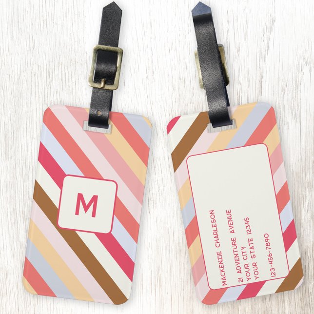 Personligen Modern Monogram Diagonal Candy Rand Bagagebricka (Modern personalize monogram initial diagonal candy stripe luggage tag)