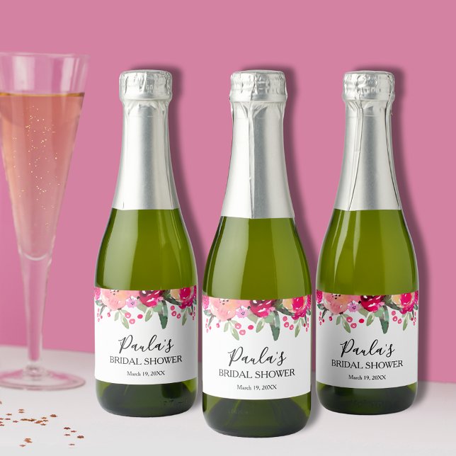 Personligen Möhippa för vattenfärgen Blommigt Mini (Chic watercolor floral bridal shower mini champagne personalized bottle labels)