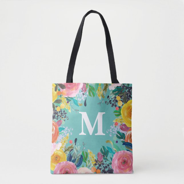 Personligen Monogram Canvas Bag för målad Blommigt Tygkasse (Framsida)