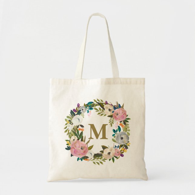 Personligen Monogram Canvas Bag för målad Blommigt Tygkasse (Framsidan)