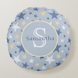 Personligen Monogram för blå vinter-Gulter Rund Kudde