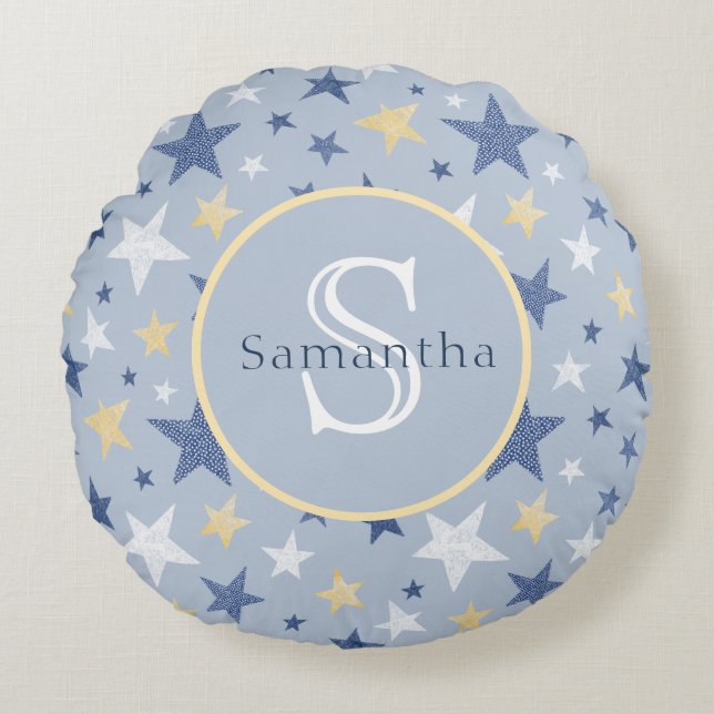 Personligen Monogram för blå vinter-Gulter Rund Kudde (Framsidan)