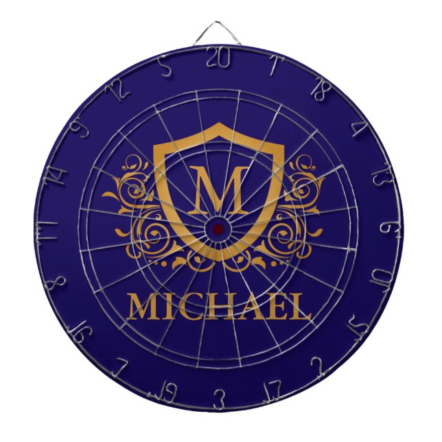 Personligen Monogram Namn vid marinblått och Guld Darttavla (Framsidan)
