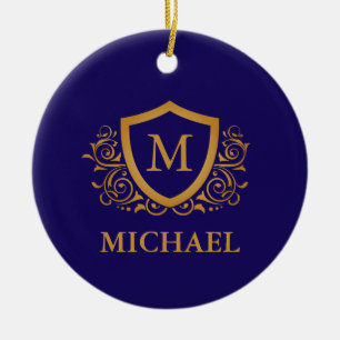Personligen Monogram Namn vid marinblått och Guld Julgransprydnad Keramik