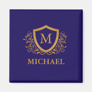 Personligen Monogram Namn vid marinblått och Guld Magnet