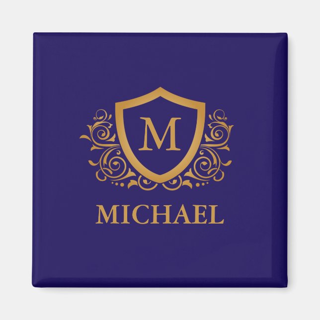 Personligen Monogram Namn vid marinblått och Guld Magnet (Framsidan)