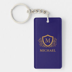 Personligen Monogram Namn vid marinblått och Guld Nyckelring