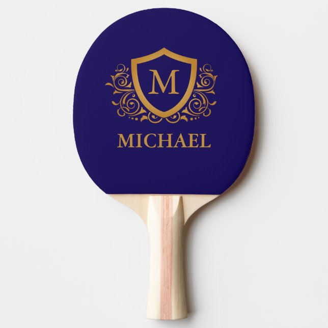 Personligen Monogram Namn vid marinblått och Guld Pingisracket (Framsidan)