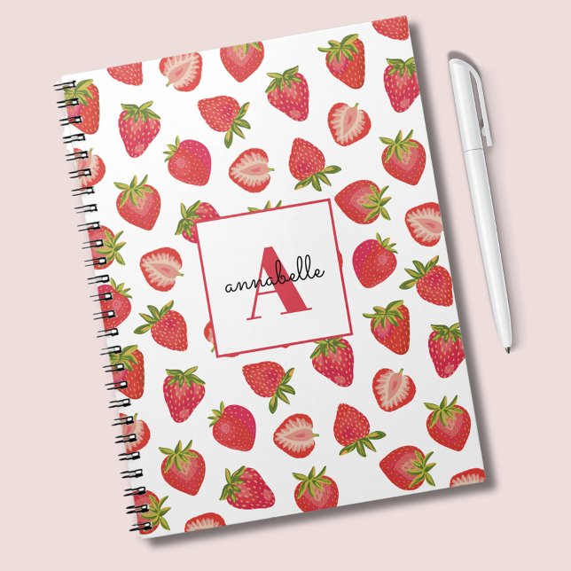 Personligen Monogram Summer Strawberry Anteckningsbok (Strawberry notebook with monogram and first name.)