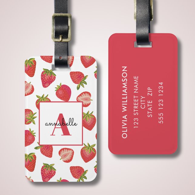 Personligen Monogram Summer Strawberry Bagagebricka (Strawberry monogram luggage tag. Add your own address and contact details, monogram and first name. )