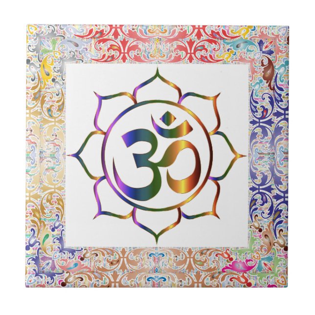 Personligen Namaste Aum Om och Lotus Rainbow Gräns Kakelplatta (Framsidan)