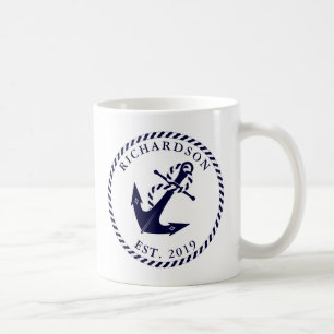 Personligen Nautical Anchor Navy Blue and White Kaffemugg