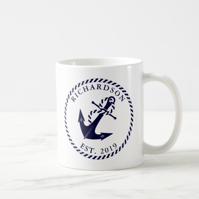 Personligen Nautical Anchor Navy Blue and White Kaffemugg (Höger)