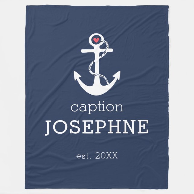 Personligen Nautical Anchor Navy Blue Caption Fleecefilt (Framsidan)