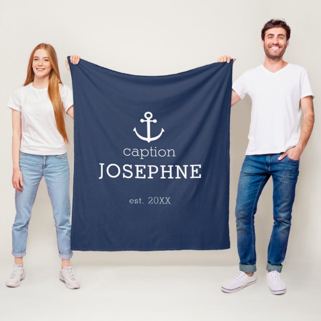 Personligen Nautical Anchor Navy Blue Caption Fleecefilt (På plats)