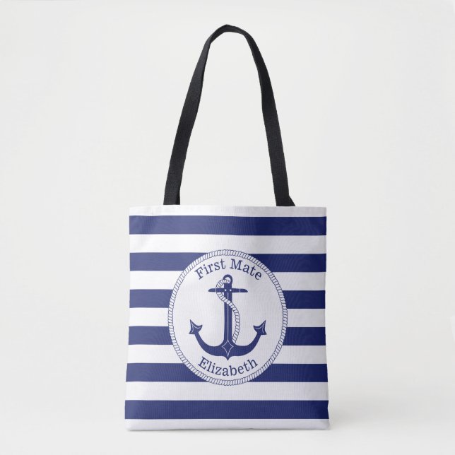 Personligen Nautical Anchor Navy Blue First Mate Tygkasse (Framsida)