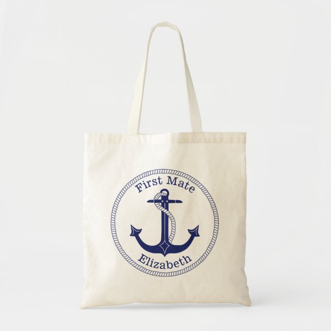 Personligen Nautical Anchor Navy Blue First Mate Tygkasse (Framsidan)