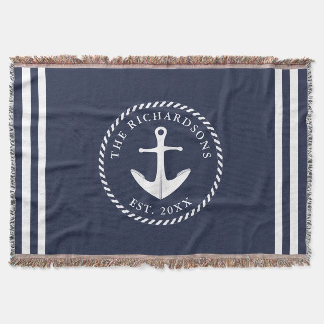 Personligen Nautical Anchor Navy Blue & White Filt (Framsidan)