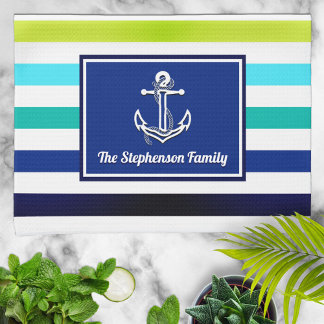 Personligen Nautical Beach Rand Family Namn Kökshandduk