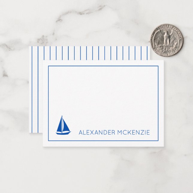 Personligen Nautical Blue and White Sailboat Anteckningskort (Fram/Back In Situ)