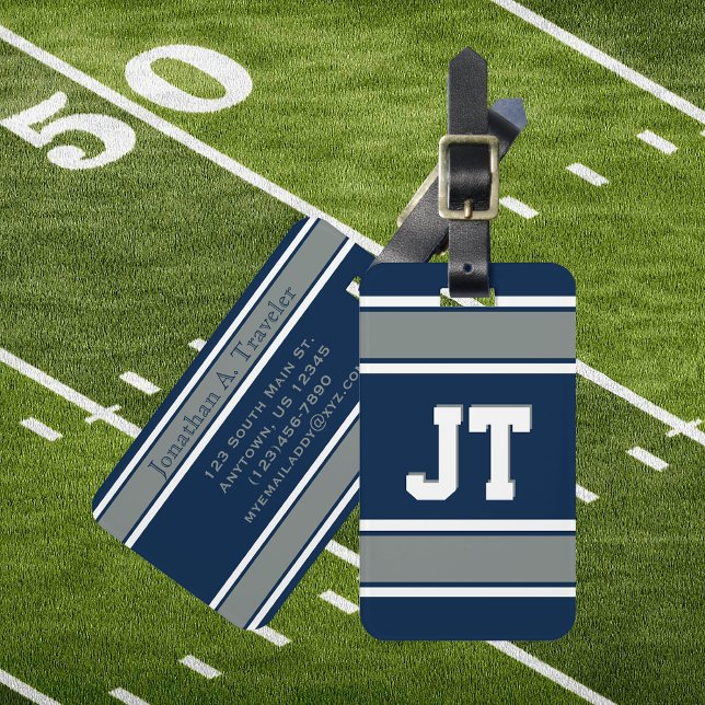 Personligen Navy Blue and Silver Sports Rand Bagagebricka (Custom Text Blue and Silver Sport Stripes Luggage Tag)