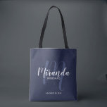 Personligen Navy Blue Modern Script Bridesmaides Tygkasse<br><div class="desc">Lägg till en personlig beröring till bröllop med en personlig-mutgåva till väskan. Den här väskan har personligens namn i det vita, moderna skriptet stil och monogram i det ljusa, moderna typsnittet stil som bakgrund med rubrik och bröllop datum i det vita, moderna sans serif-typsnittet stil på marin blå bakgrund. Även...</div>
