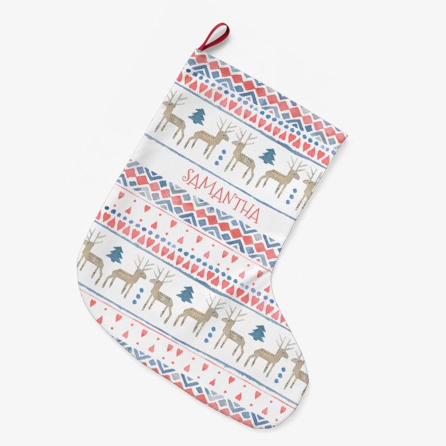 Personligen Nordic Reindeer Scandinavian Fairisle Stor Julstrumpa (Framsidan (Hängande))