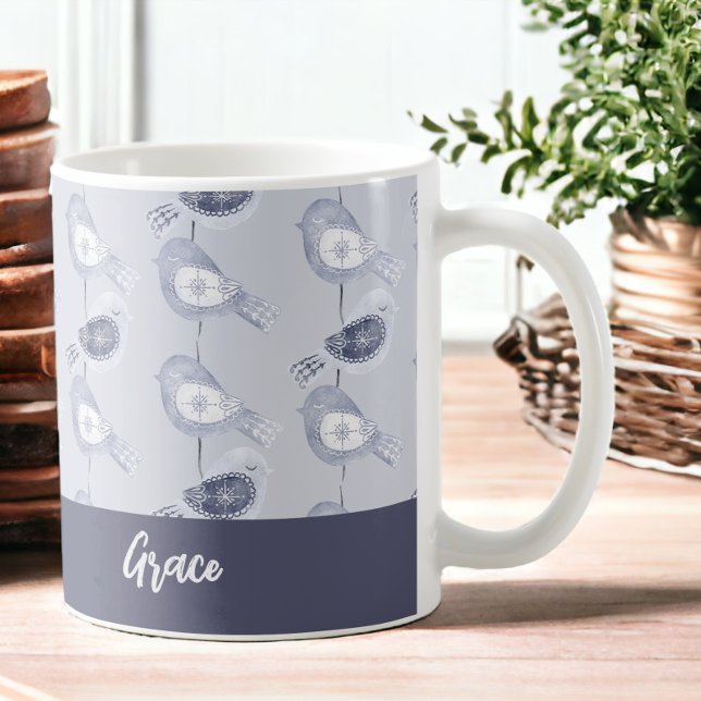 Personligen Nordiska julblåa fåglar Kaffemugg (Nordic Christmas Blue Birds Personalized Coffee Mugs from Ricaso)