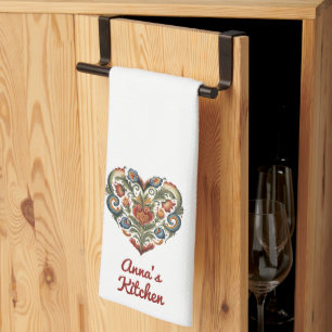 Personligen Norsk Rosemaling Folk Art Heart Kökshandduk