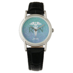 Personligen Nurse RN Caduceus Teal Blue Glitter Armbandsur