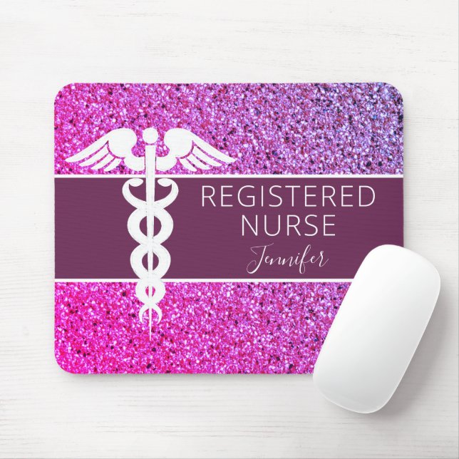 Personligen Nurse RN Medical Lila Glitter Musmatta (Med mus)
