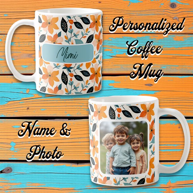 Personligen orange och Blå blomma och Blommor Kaffemugg (Skapare uppladdad)