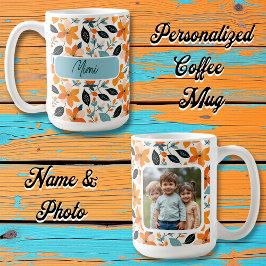 Personligen orange och Blå blomma och Blommor Kaffemugg