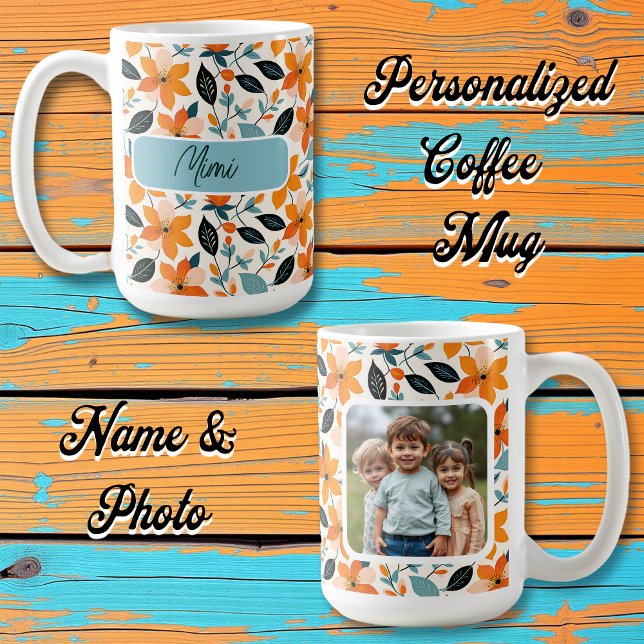 Personligen orange och Blå blomma och Blommor Kaffemugg (Skapare uppladdad)