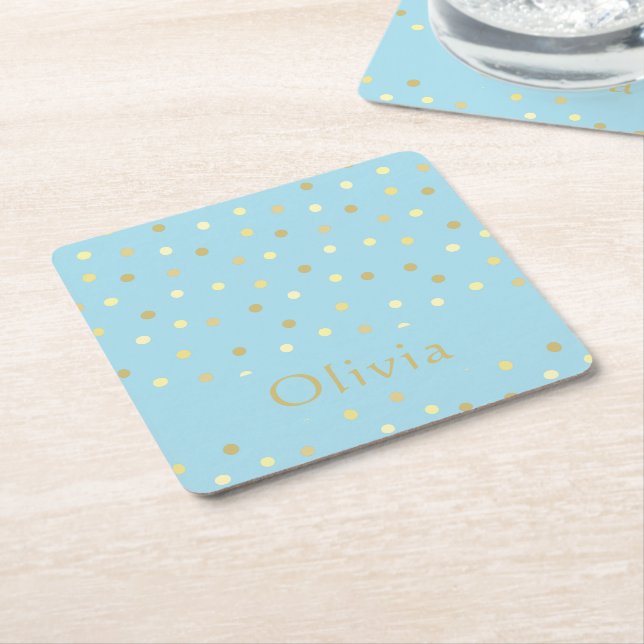 Personligen Pastel Blue Guld Confetti Dots Underlägg Papper Kvadrat (Vinklad)